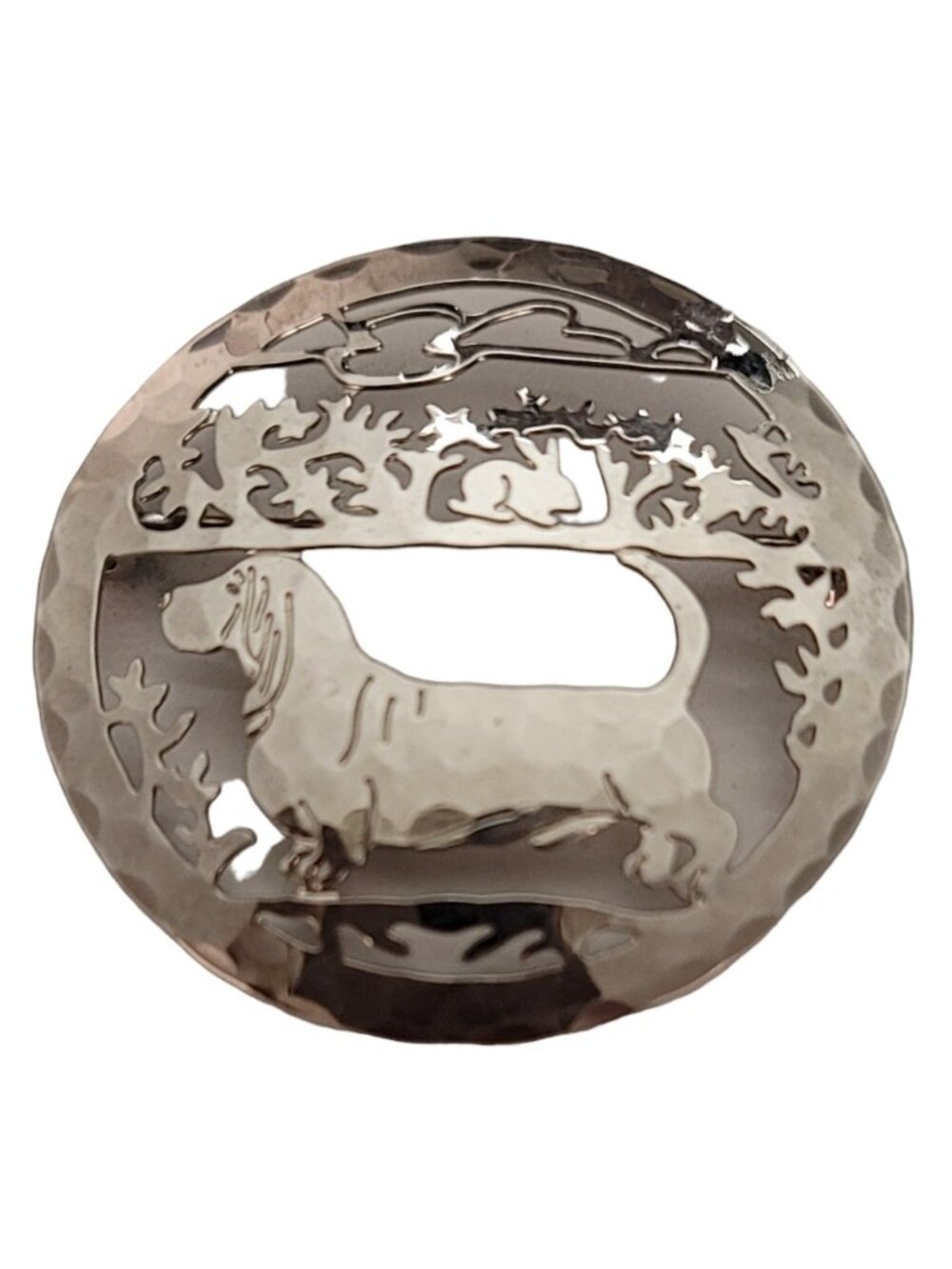 Signed TJI Silver Tone Laser Cut Open Round Weiner Dog Pin E270